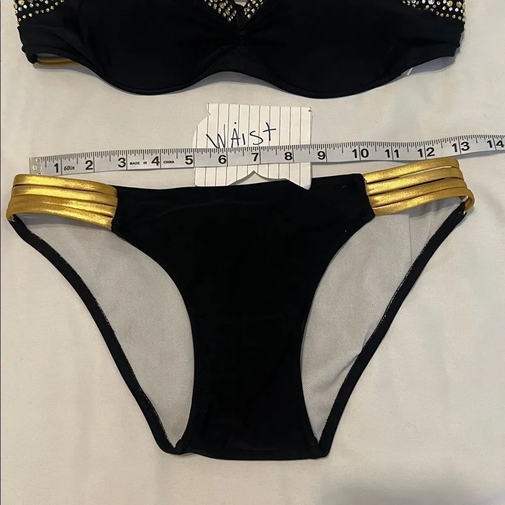 Black and Gold Women's Bikini Set with rhinestones around the top EUC